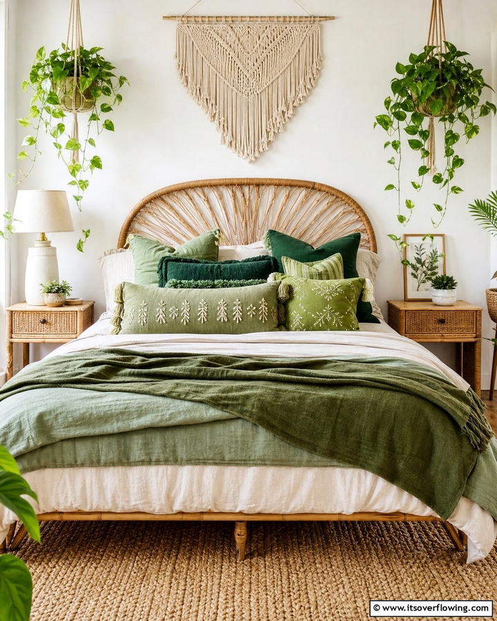 Green Accent Pillows - 20 Green Boho Bedroom Ideas for a Relaxing Retreat