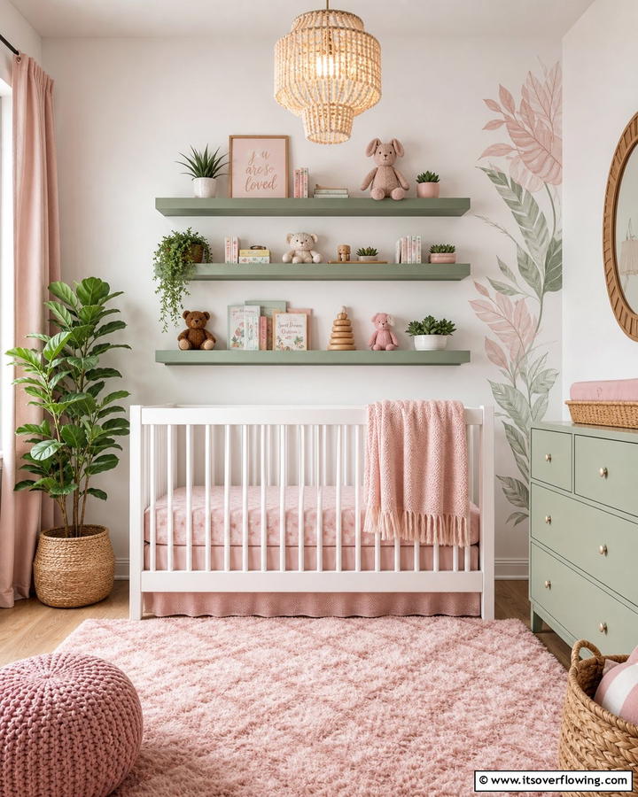 Green Accent Shelves - 20 Pink and Green Nursery Ideas for a Sweet Retreat