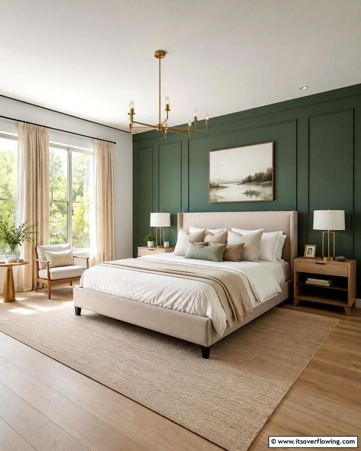 Green Accent Wall with Beige Decor - 25 Serene Green and Beige Bedroom Design Ideas