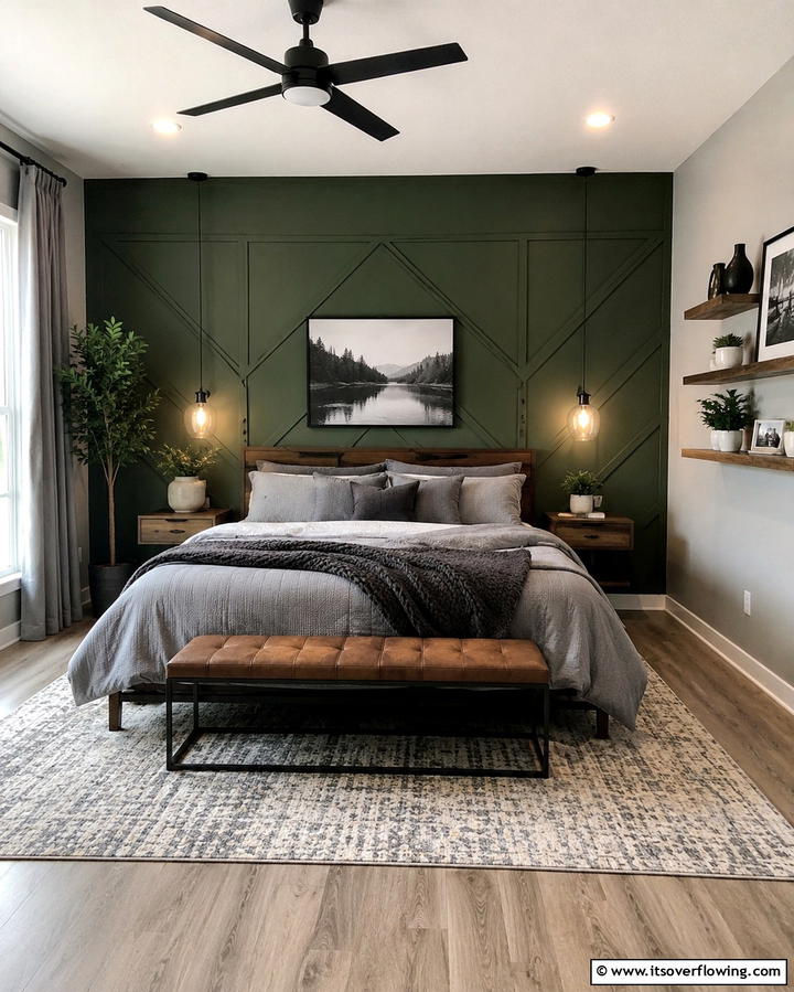 Green Accent Wall with Grey Bedding - 25 Modern Green and Grey Bedroom Design Ideas
