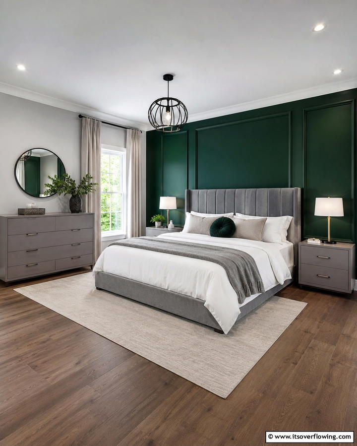 Green Accent Wall with Grey Furniture - 25 Modern Green and Grey Bedroom Design Ideas