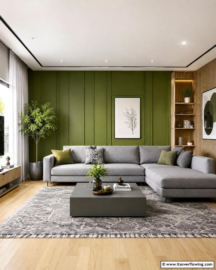 Green Accent Wall with Grey Furniture - 25 Green and Grey Living Room Ideas for Modern Homes