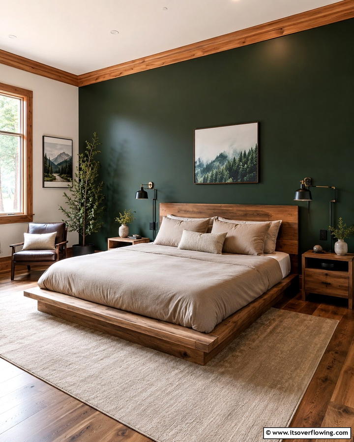 Green Accent Walls with Wooden Trim - 25 Green and Brown Bedroom Ideas for Earthy Vibes