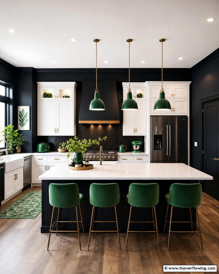 Green Accents Against Black Walls - 25 Black and Green Kitchen Ideas for Bold Design