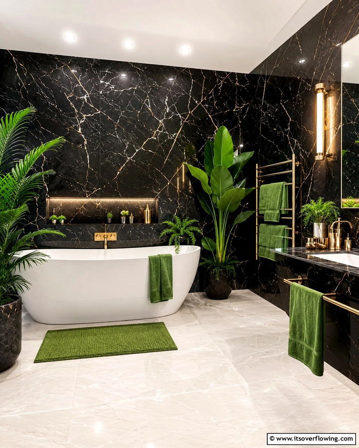 Green Accents with Black Marble Walls - 25 Black and Green Bathroom Ideas for Bold Style
