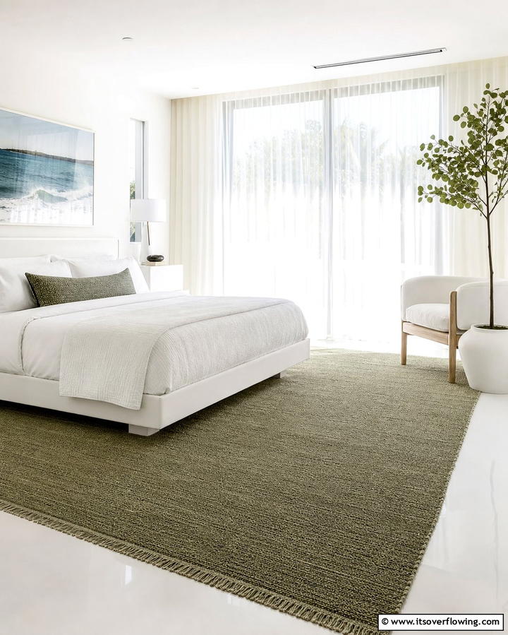 Green Area Rug on White Flooring - 25 Green and White Bedroom Ideas for Serenity