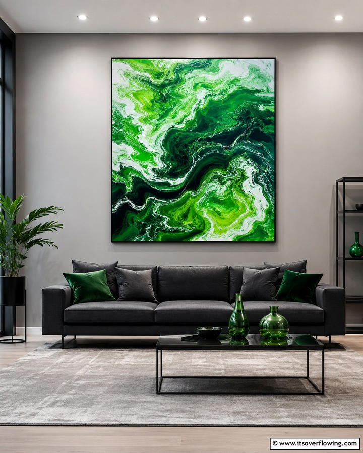 Green Artwork Against Grey Walls - 25 Green and Grey Living Room Ideas for Modern Homes