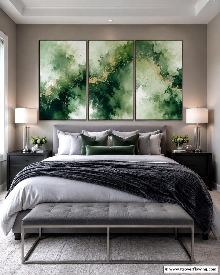 Green Artwork with Neutral Grey Tones - 25 Modern Green and Grey Bedroom Design Ideas