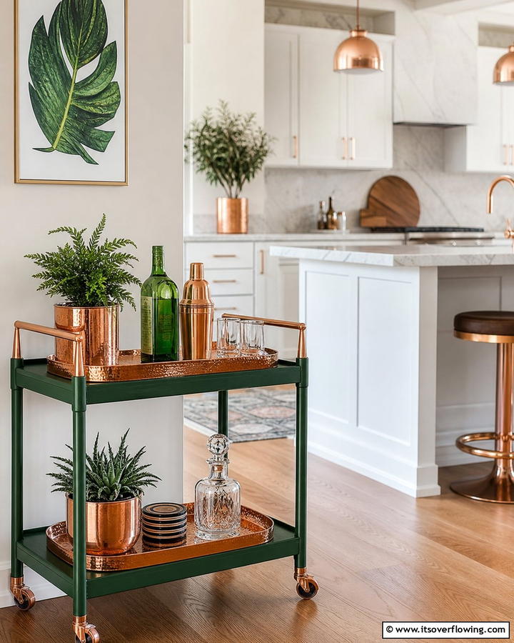 Green Bar Cart with Copper Details - 20 Green and Copper Kitchen Ideas for a Trendy Look