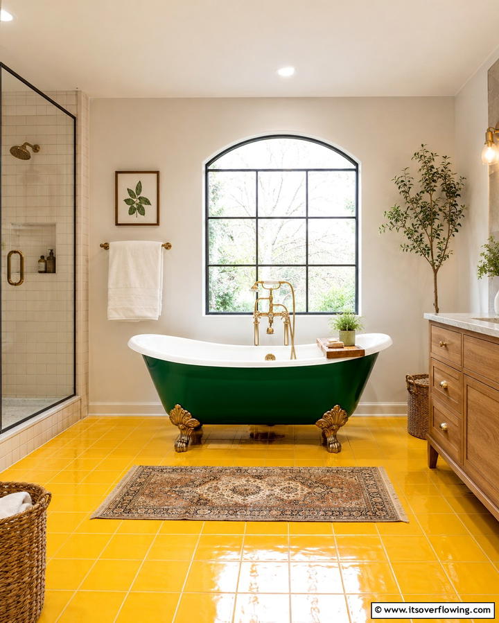 Green Bathtub with Yellow Flooring - 20 Yellow and Green Bathroom Ideas for a Fresh Look