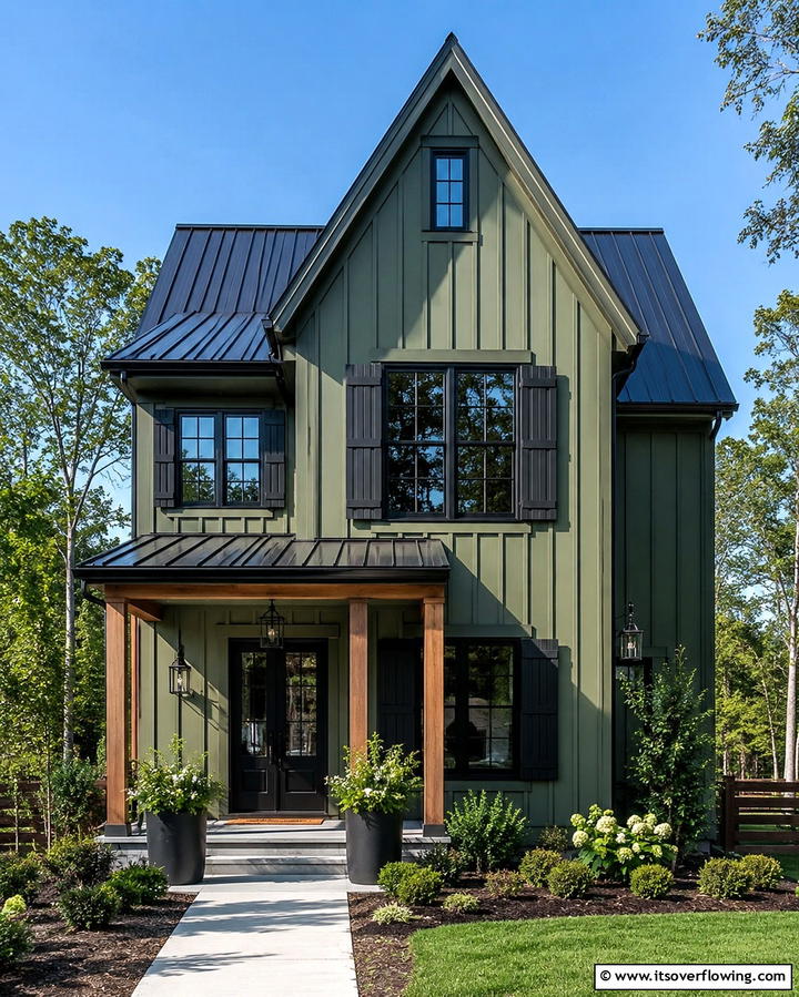 Green Board and Batten with Contrasting Shutters - 25 Farmhouse Green Exterior Home Ideas for a Fresh Look