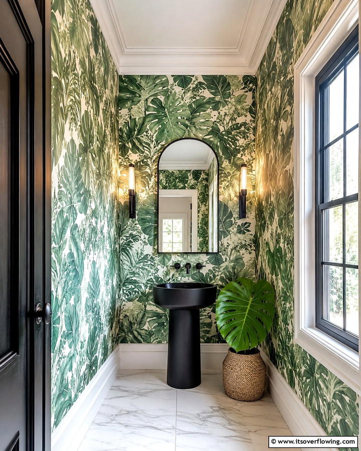 Green Botanical Wallpaper - 25 Green Powder Room Ideas for a Fresh Look