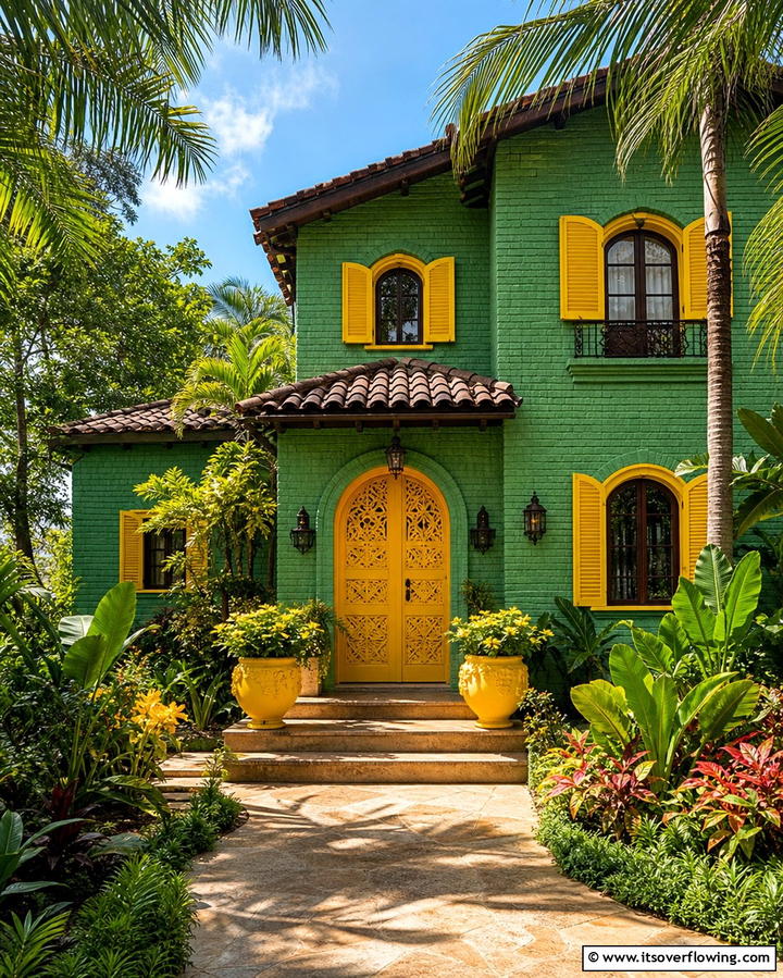 Green Brick with Bright Yellow Accents - 30 Green Brick Exterior Home Design Ideas for Modern Houses