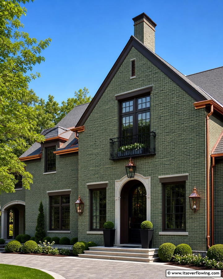 Green Brick with Copper Accents - 30 Green Brick Exterior Home Design Ideas for Modern Houses