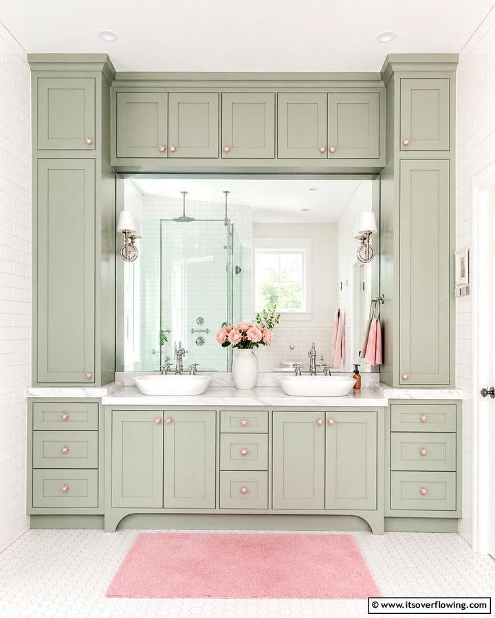 Green Cabinets with Pink Hardware - 20 Vibrant Pink and Green Bathroom Design Ideas