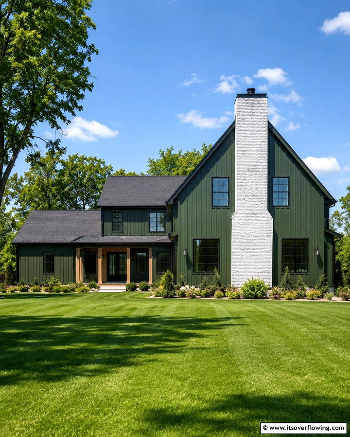 Green Clapboard Siding with Red Brick Base - 25 Farmhouse Green Exterior Home Ideas for a Fresh Look