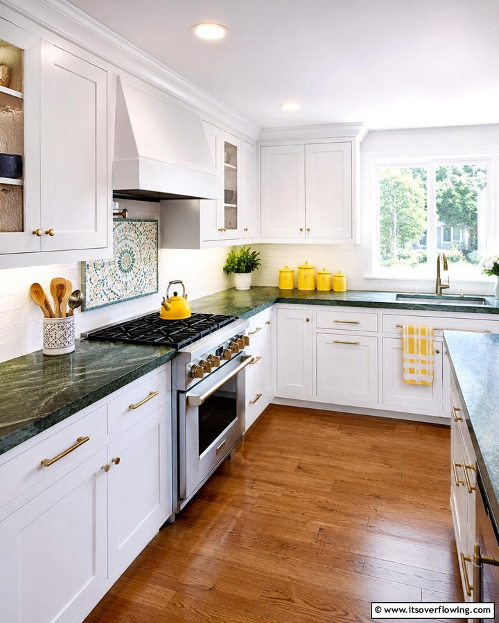 Green Countertops with Yellow Accessories - 25 Green and Yellow Kitchen Ideas for Freshness