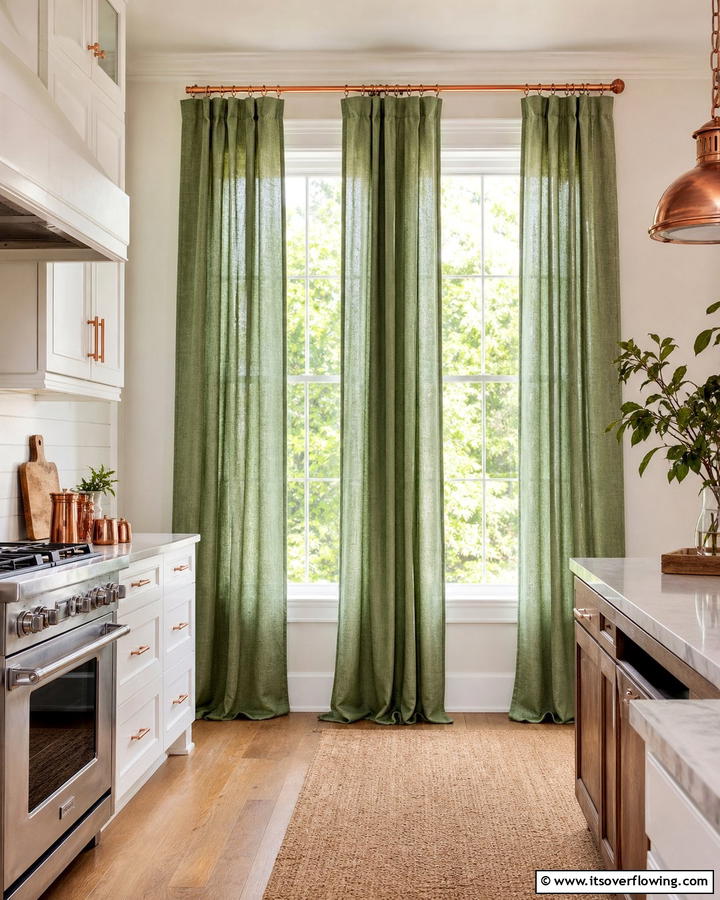 Green Curtains with Copper Curtain Rods - 20 Green and Copper Kitchen Ideas for a Trendy Look