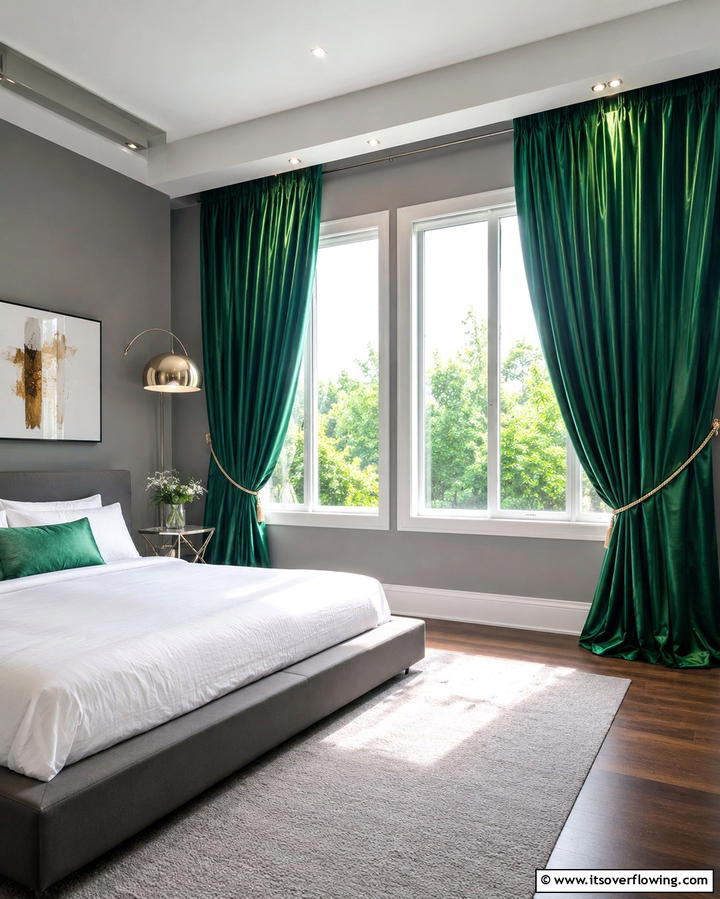 Green Curtains with Grey Walls - 25 Modern Green and Grey Bedroom Design Ideas