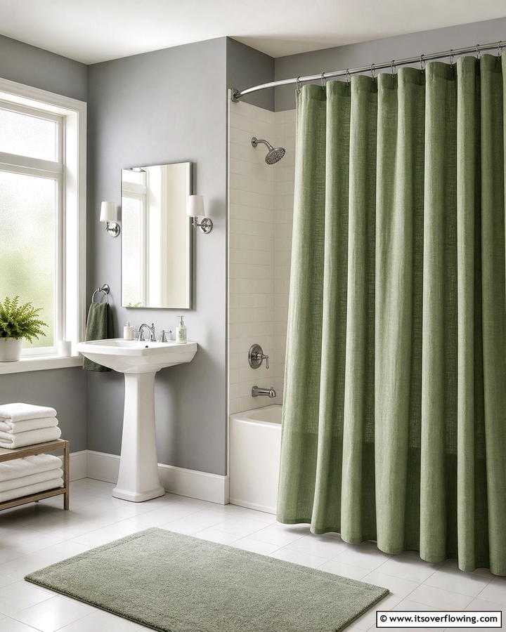 Green Curtains with Grey Walls - 20 Green and Grey Bathroom Ideas for a Modern Look