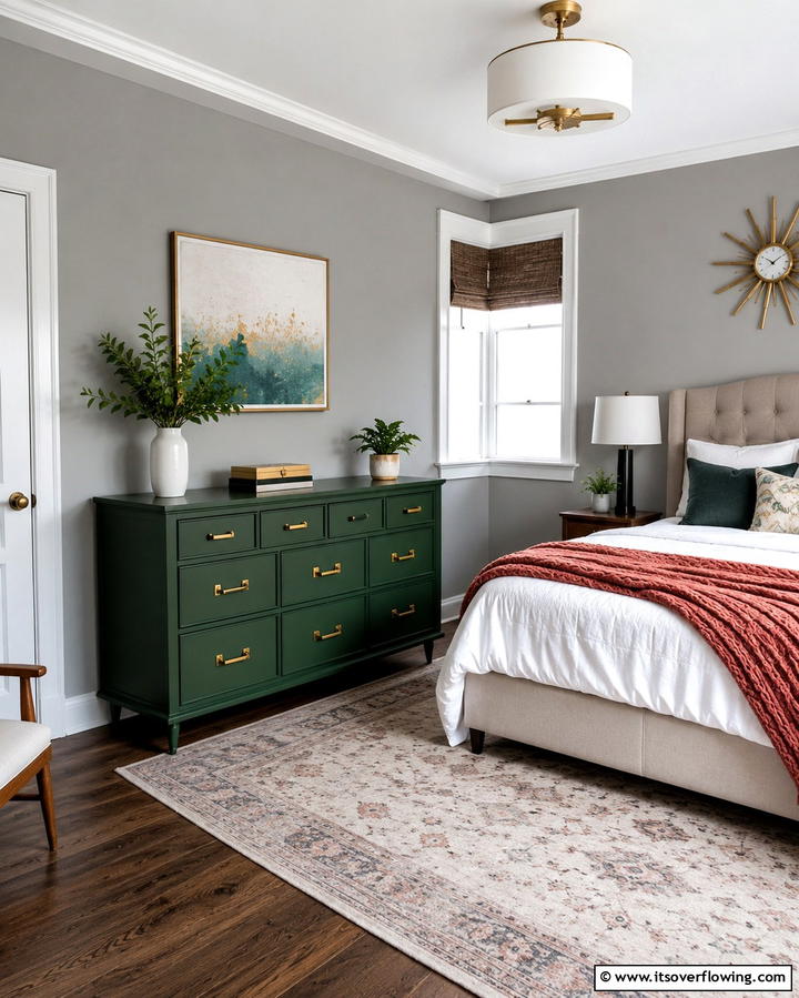 Green Dresser with Grey Walls - 25 Modern Green and Grey Bedroom Design Ideas