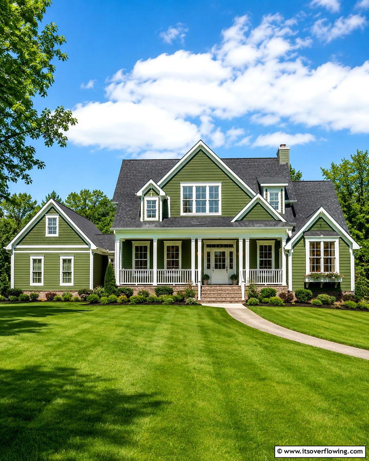 Green Exterior with White Trim Accents - 25 Farmhouse Green Exterior Home Ideas for a Fresh Look