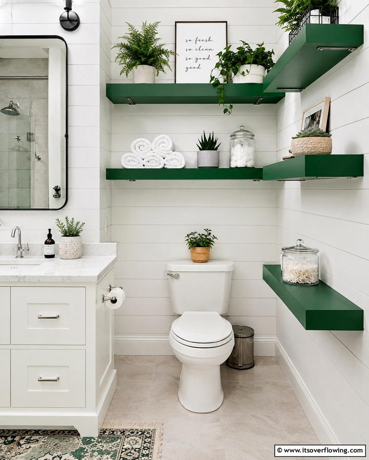Green Floating Shelves - 20 Small Green Bathroom Ideas for a Fresh and Tranquil Space