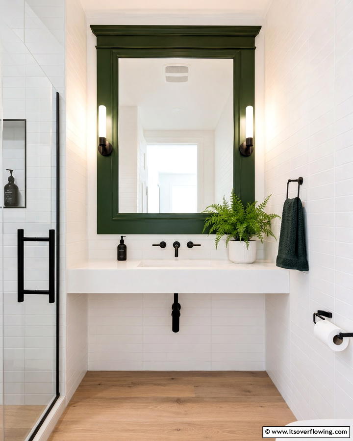 Green Framed Mirrors - 20 Small Green Bathroom Ideas for a Fresh and Tranquil Space
