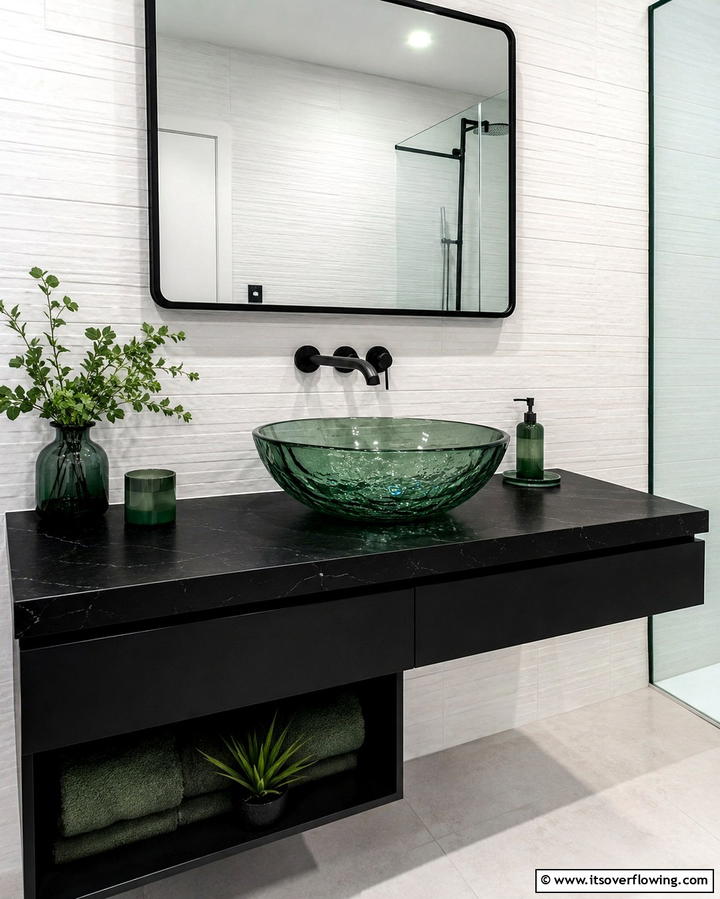 Green Glass Basin with Black Countertop - 25 Black and Green Bathroom Ideas for Bold Style