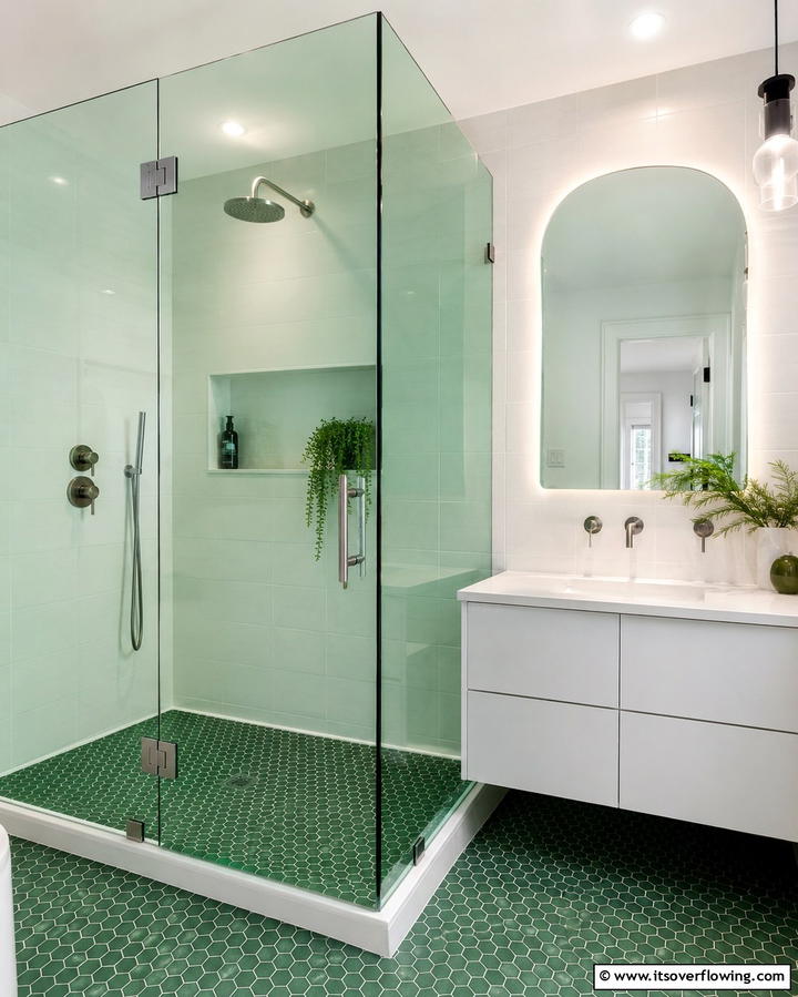 Green Glass Shower Enclosure - 20 Small Green Bathroom Ideas for a Fresh and Tranquil Space