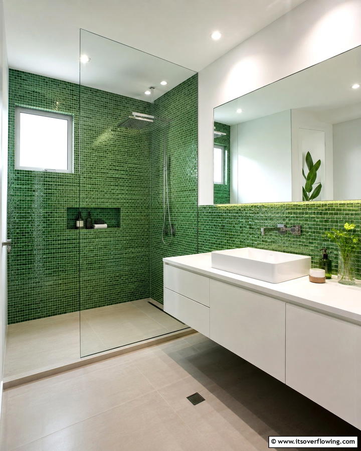 Green Glass Tiles for a Sleek and Shiny Finish - 30 Green Tile Bathroom Inspiration Ideas for Bold Spaces