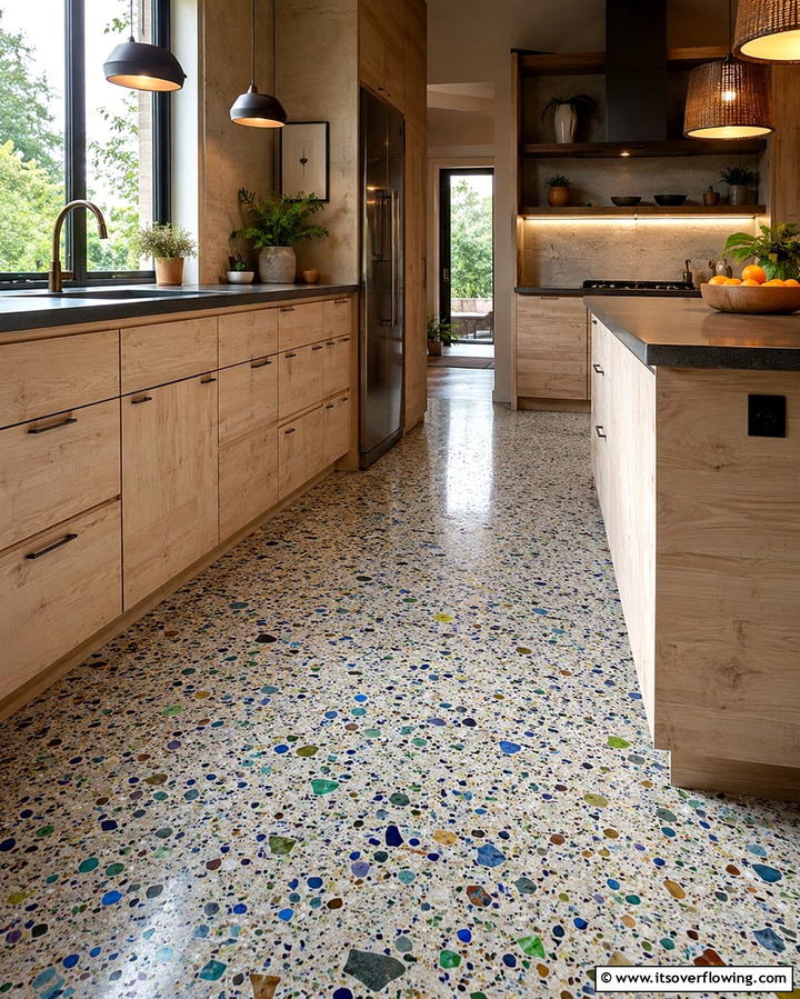 Green Hued Terrazzo for a Nature Inspired Look - 25 Terrazzo Kitchen Floor Ideas for a Unique Look