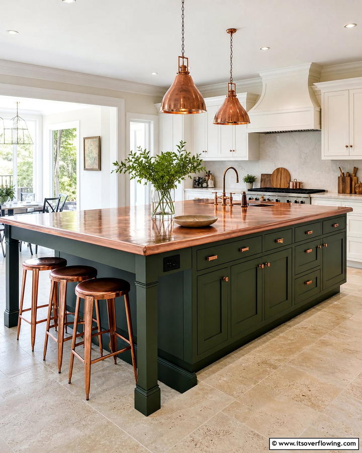 Green Kitchen Island with Copper Countertop - 20 Green and Copper Kitchen Ideas for a Trendy Look