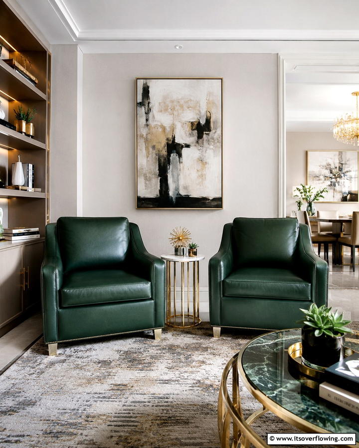 Green Leather Armchairs - 25 Green and Gold Living Room Ideas for Luxury