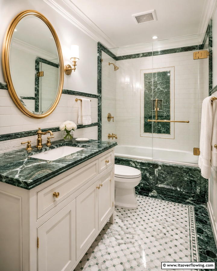Green Marble Accents - 20 Small Green Bathroom Ideas for a Fresh and Tranquil Space