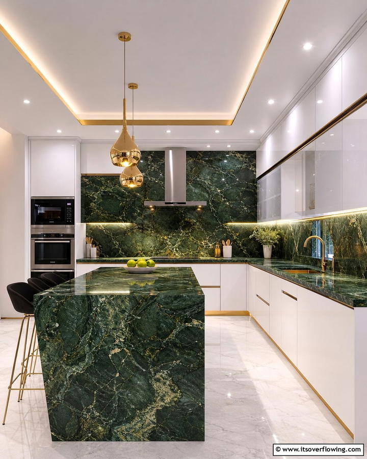 Green Marble Backsplash and Countertop Combo - 20 Green Marble Countertop Design Ideas for Kitchens