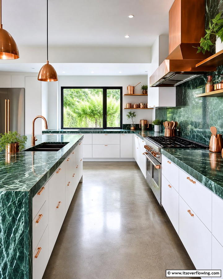 Green Marble Countertops and Copper Accents - 20 Green and Copper Kitchen Ideas for a Trendy Look