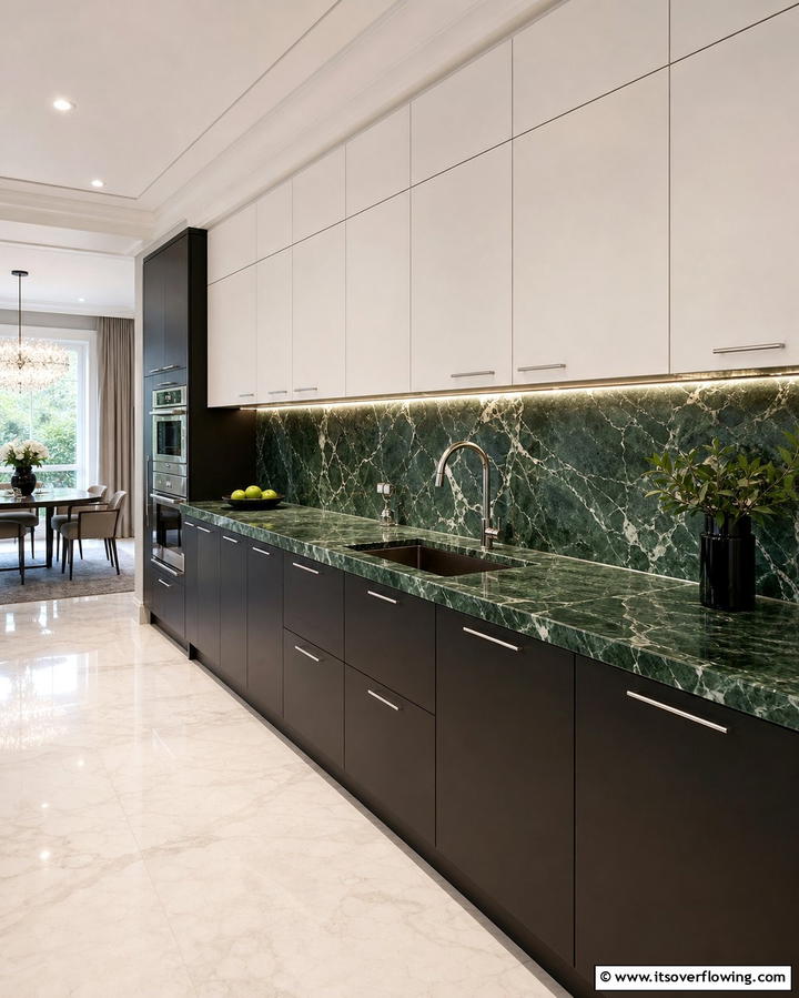 Green Marble Countertops with Black Base Cabinets - 25 Black and Green Kitchen Ideas for Bold Design