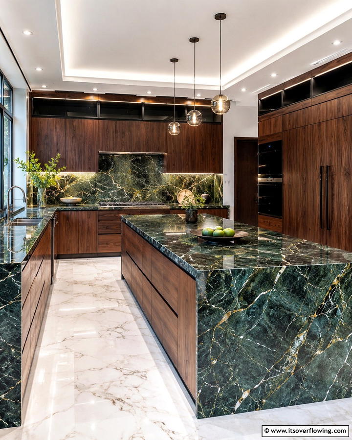 Green Marble Countertops with Walnut Cabinets - 25 Warm Green and Brown Kitchen Design Ideas