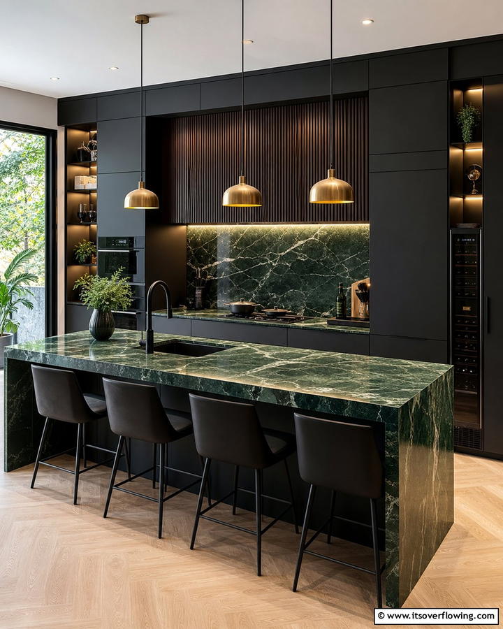 Green Marble with Black Elements - 20 Green Marble Countertop Design Ideas for Kitchens