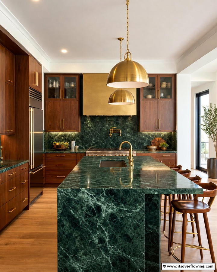 Green Marble with Brass Accents - 20 Green Marble Countertop Design Ideas for Kitchens