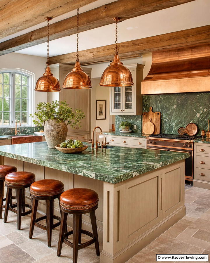 Green Marble with Copper Accents - 20 Green Marble Countertop Design Ideas for Kitchens