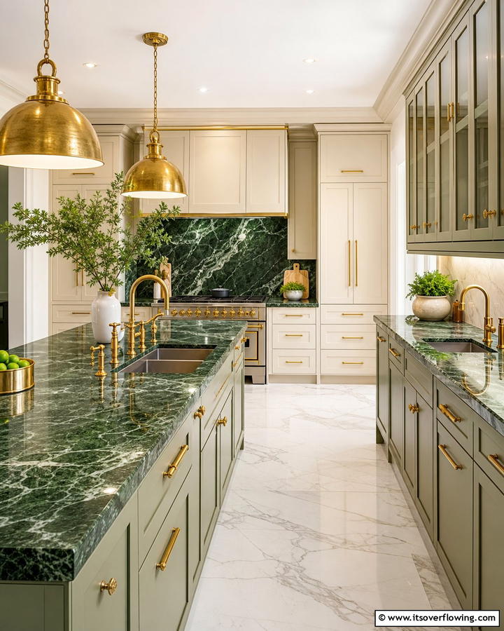 Green Marble with Gold Fixtures - 20 Green Marble Countertop Design Ideas for Kitchens