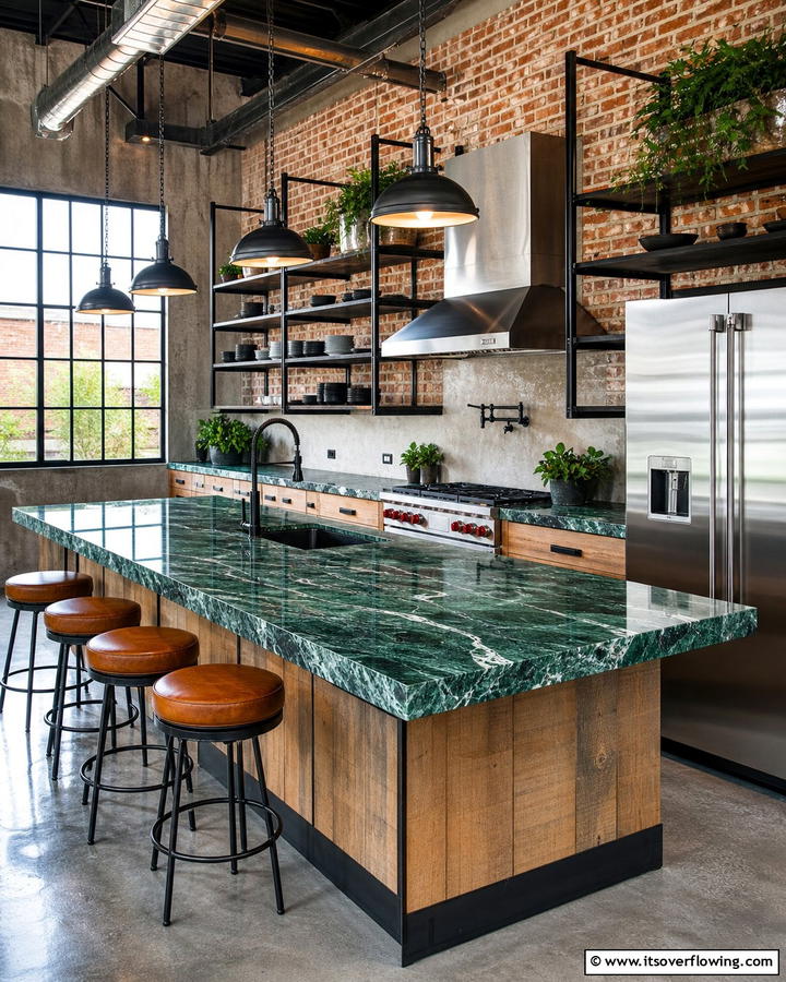 Green Marble with Industrial Elements - 20 Green Marble Countertop Design Ideas for Kitchens