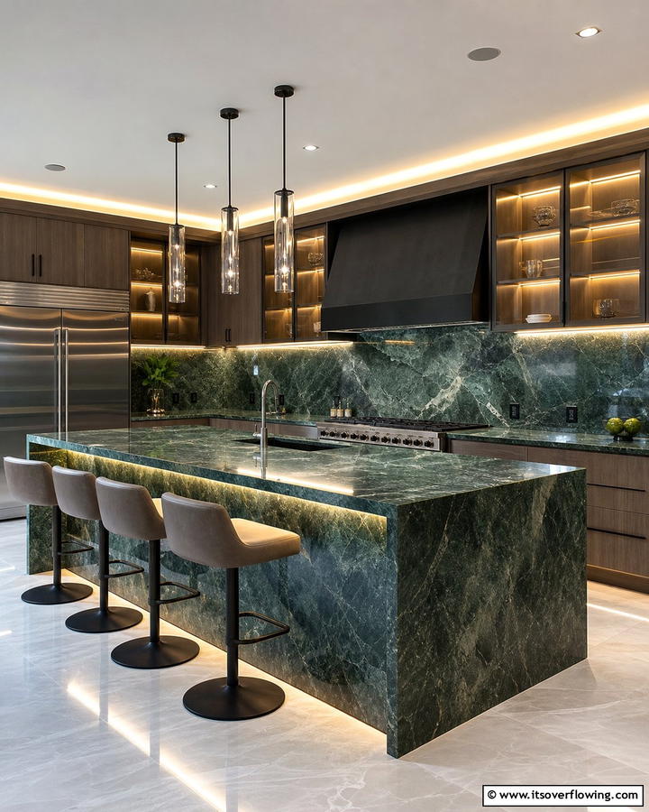 Green Marble with LED Lighting Highlights - 20 Green Marble Countertop Design Ideas for Kitchens