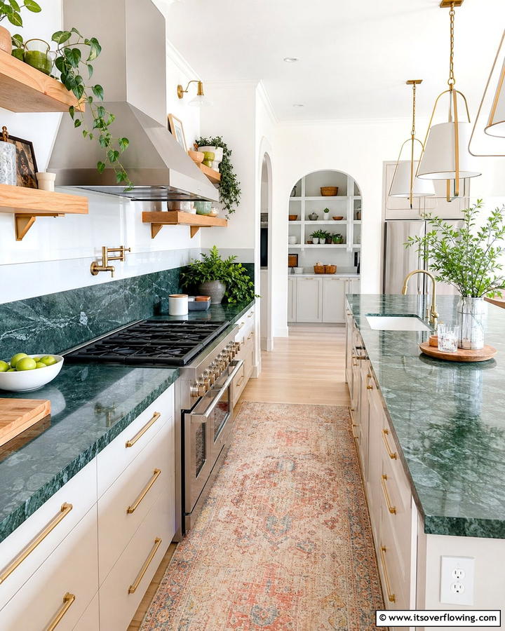 Green Marble with Open Shelving - 20 Green Marble Countertop Design Ideas for Kitchens