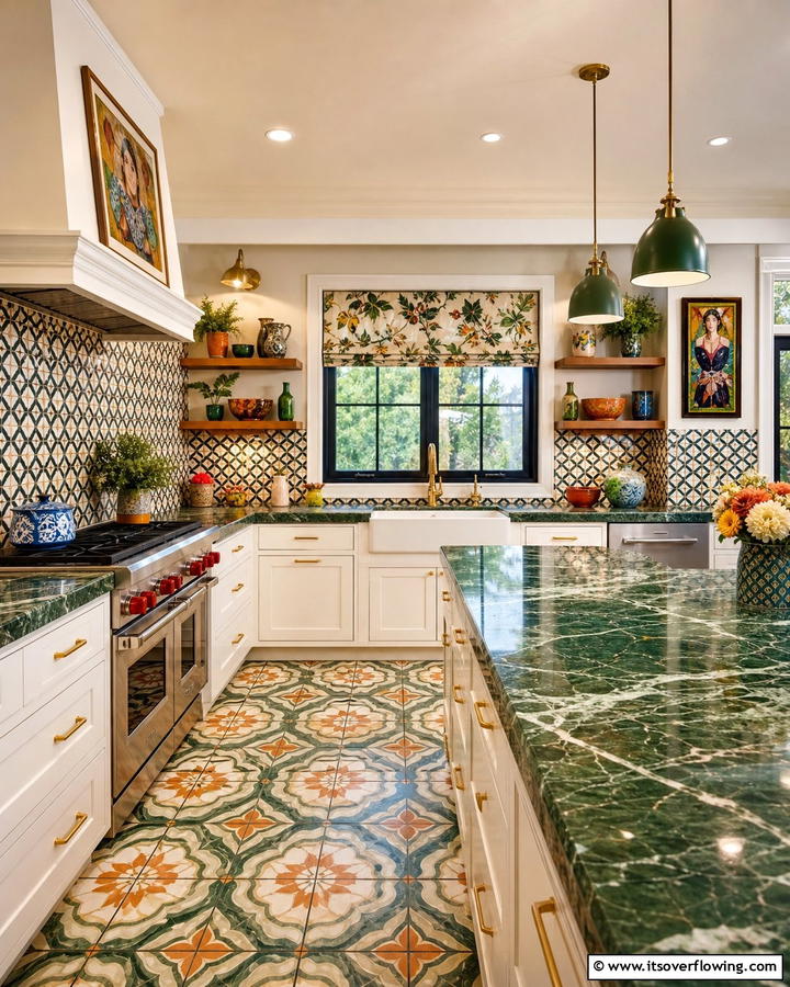 Green Marble with Patterned Tiles - 20 Green Marble Countertop Design Ideas for Kitchens