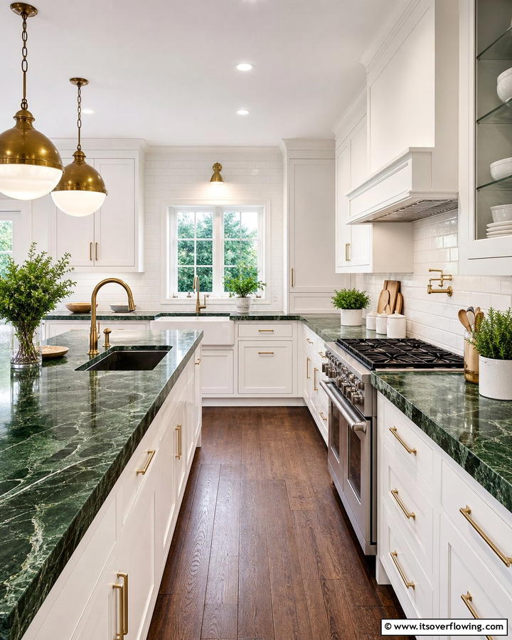 Green Marble with White Cabinetry - 20 Green Marble Countertop Design Ideas for Kitchens