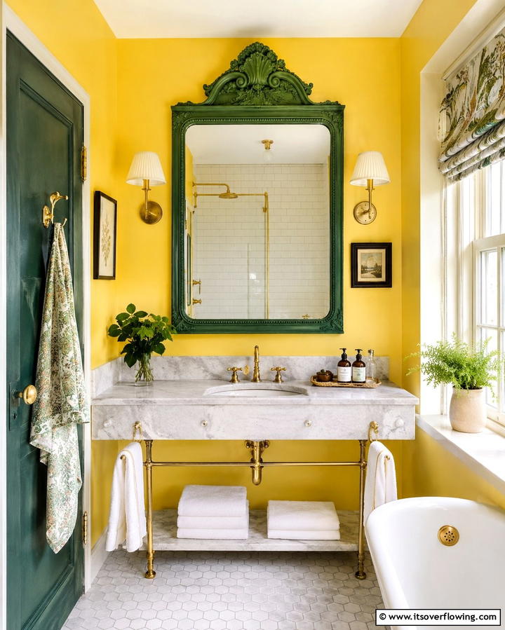 Green Mirror Frame with Yellow Walls - 20 Yellow and Green Bathroom Ideas for a Fresh Look
