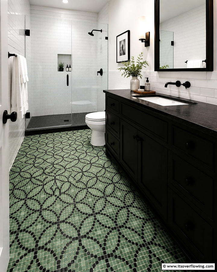 Green Mosaic Flooring with Black Accents - 25 Black and Green Bathroom Ideas for Bold Style